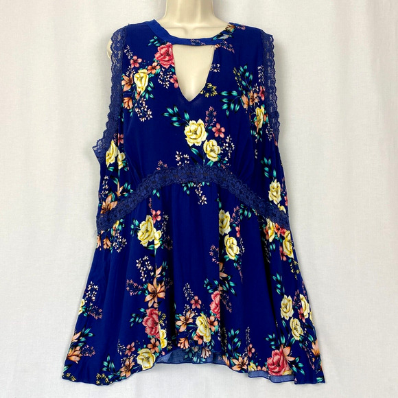Wonderly Tops - Wonderly Tunic Top 3X Womens Blue Floral Babydoll Lace Trim Boho Cottagecore NEW